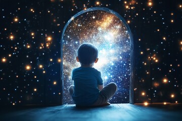 Child gazing into starry universe through magical doorway