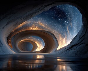 Tunnel-like cavern opening to a starry, illuminated cosmos