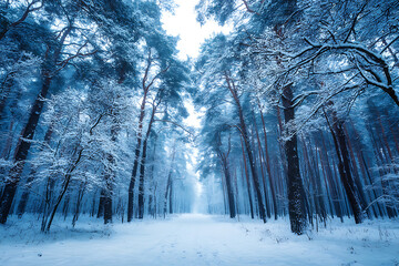 Naklejka premium Snowy path through a serene winter forest landscape