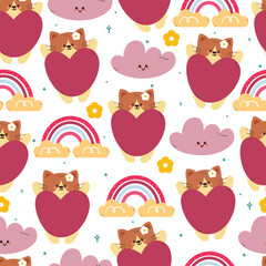 cute hand drawing cartoon cat with purple balloon and sky element seamless pattern. cute animal pattern in white background for gift wrap paper and wallpaper