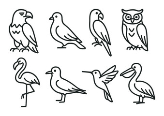 Fototapeta premium Wild bird icons set – outline, simple birdwatching and avian design symbols