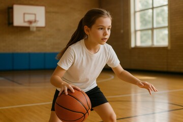 Naklejka premium Girl practicing basketball dribbling in a school gymnasium, developing her skills and passion for the sport
