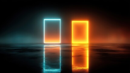 Two glowing rectangles on a wet reflective surface, hazy background