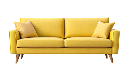 A bright yellow two-seater sofa with two pillows on a black background yellow sofa two seater sofa