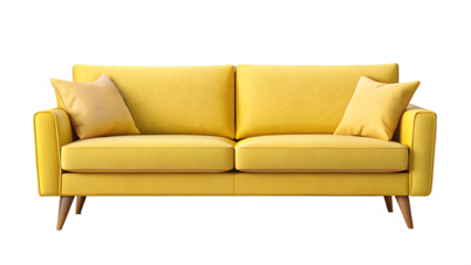 A bright yellow two-seater sofa with two pillows on a black background yellow sofa two seater sofa