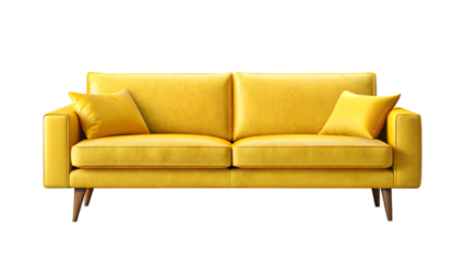 A bright yellow two-seater sofa with two matching throw pillows on a black background yellow sofa couch