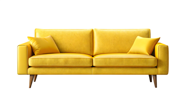 A bright yellow two-seater sofa with two matching throw pillows on a black background yellow sofa couch