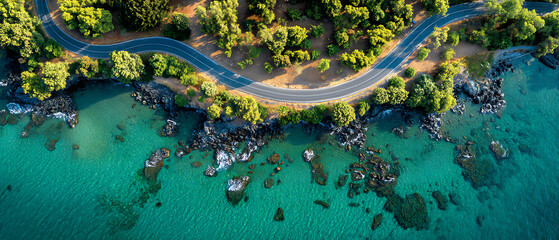 Scenic coastal road winding through lush green landscape overlooking turquoise ocean