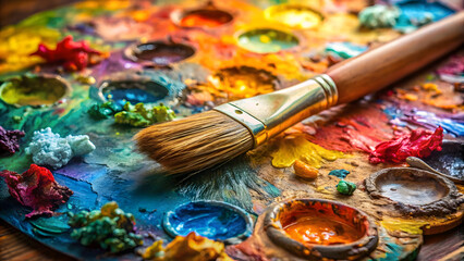 Fototapeta premium Paint brushes and palette of oil paints on a wooden background.
