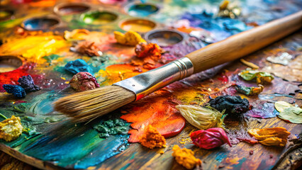 Fototapeta premium Paint brushes and palette with colorful paints on a wooden table.