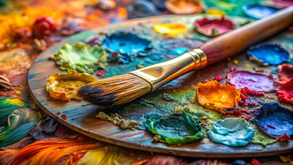 Obraz premium Paint brushes and palette of colors on a wooden background. Selective focus.