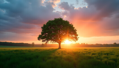 Obraz premium Stunning sunset illuminates a lone tree in a vast, green meadow, creating a peaceful scene.