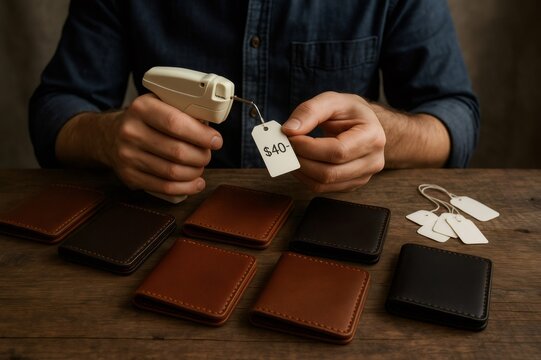 Leather craftsman tagging the price on a handmade wallet while surrounded by tools and materials in a cozy workshop setting