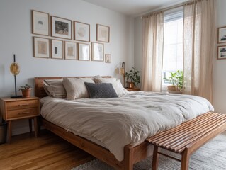 A bed with a wooden headboard and a wooden nightstand. A plant is on the nightstand