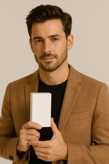 Businessman holding a white blank vertical box with both hands, ideal for showcasing products in mockups and promotional materials