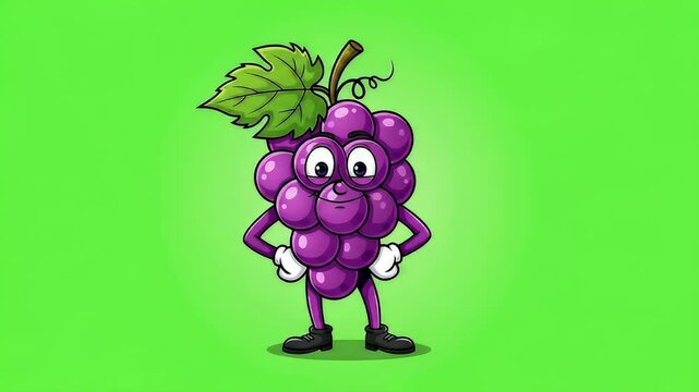 Smiling Grapes Cartoon Character on Green Background