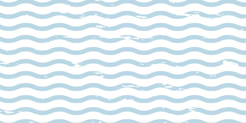 Seamless Wave Pattern, Hand drawn water sea vector background. Wavy beach print, curly grunge paint lines, watercolor stripes