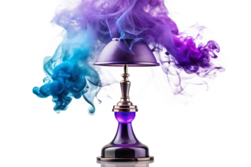 A purple lamp emits swirling blue and purple smoke against a black background blue smoke swirling smoke