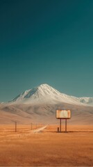 Vast landscape with mountain, empty sign, and golden grass