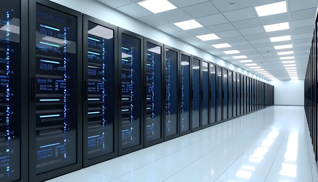 Rows of servers inside a modern data center, showcasing technology and digital infrastructure.