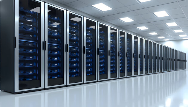 Modern data center with rows of server racks and advanced technology. - Powered by Adobe