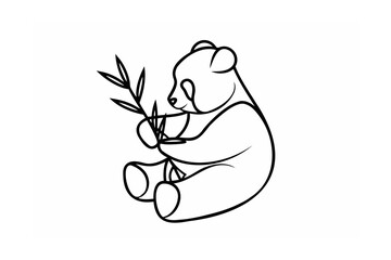 Simple black and white illustration of a panda bear holding bamboo stalks