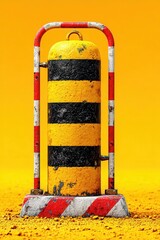 Vertical striped barrier, safety device, against a vibrant orange backdrop