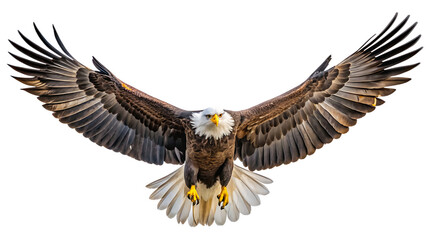 Obraz premium Bald eagle with spread wings flying against a black background bird soaring
