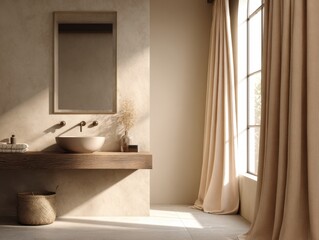 A bathroom with a sink and a mirror. There is a basket on the floor next to the sink