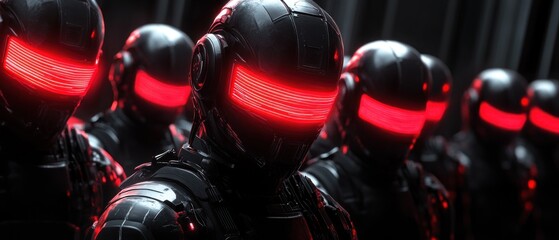 Futuristic robots in formation with red glowing lights