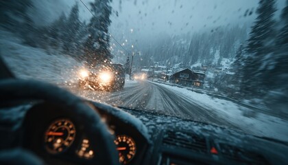 View from a vehicle of a snowy road and distant dwellings