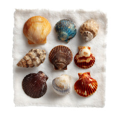 Seashell Collection Nine Unique Ocean Treasures on Linen white background against transparent Background