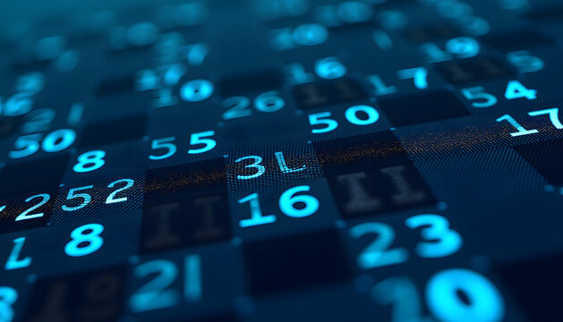 Glowing numbers and characters on a digital display, suggesting data or a game interface.