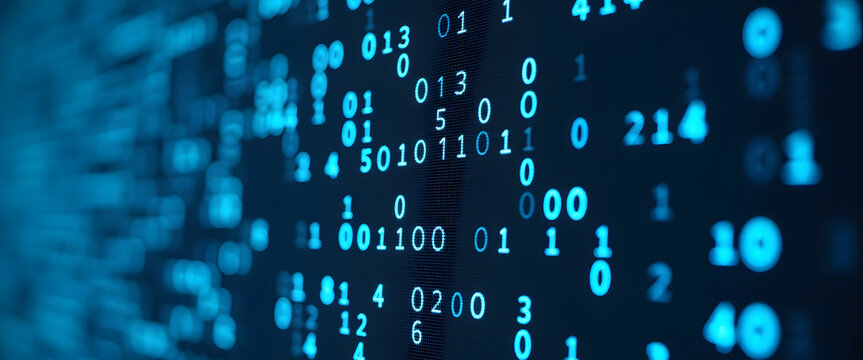 Digital numbers cascading across a dark blue screen, hinting at data and code.