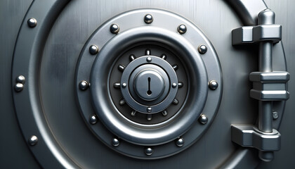 Intricate detail of a massive bank vault door, highlighting security and protection.