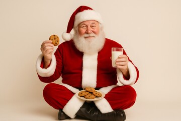 Santa Claus is sitting with legs crossed, holding a glass of milk and eating cookies, smiling and looking happy