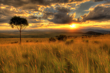 Golden sunset over african savanna grassland lone tree