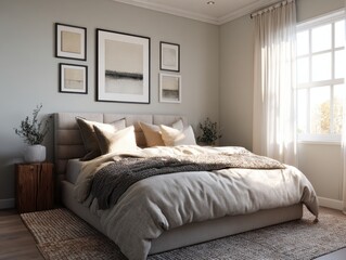 A bed with a white comforter and pillows. A window is visible in the background
