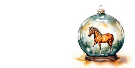the symbol of the new year 2026. a graceful horse in a glass decorative ball. winter holiday. an illustration. artificial intelligence generator, AI, neural network image. background for the design