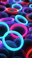 Vivid neon rings floating above textured dark sphere terrain