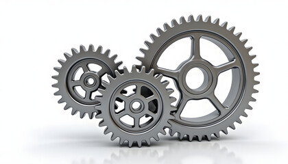 Three metal gears interlocked, symbolizing mechanics, teamwork, and industry on a white background.