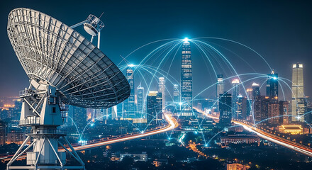 Satellite Dish and Connected Smart City at Night