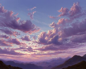 Vivid sunset colors paint puffy clouds over distant mountain range
