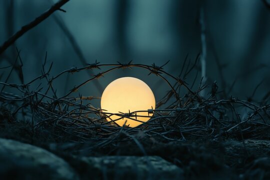 Glowing orb enclosed by barbed wire in mysterious forest setting