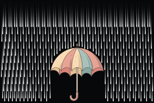 Vector illustration of cute umbrella in the rain, flat pastel cartoon design for kids storybooks, rainy themes, and seamless nursery wallpaper
