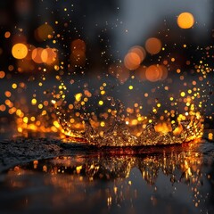 Water crown with golden sparkles, blurry bokeh background reflection