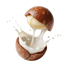 Macadamia nuts and juice splashes isolated on transparent background