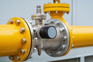 Yellow pipeline with pressure gauge and industrial fittings showcasing engineering precision