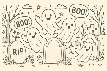 Cartoon ghosts floating over gravestones and crosses in a spooky graveyard, saying Boo. in a Halloween themed illustration