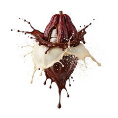 Cocoa beans with milk and chocolate are splashed isolated on transparent background